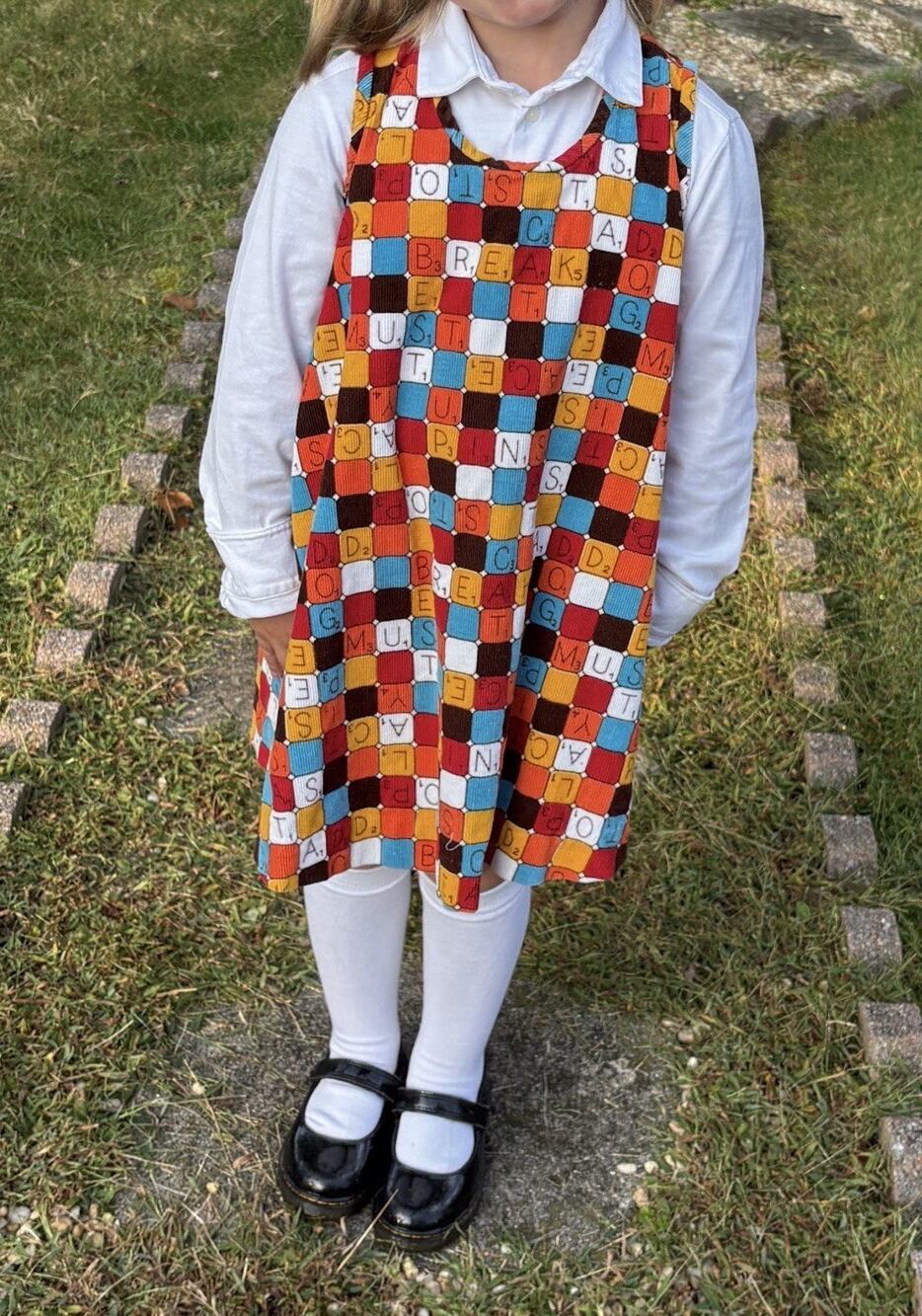 Vintage 70s Handmade Scrabble Tile Corduroy Dress Girls School Pictures